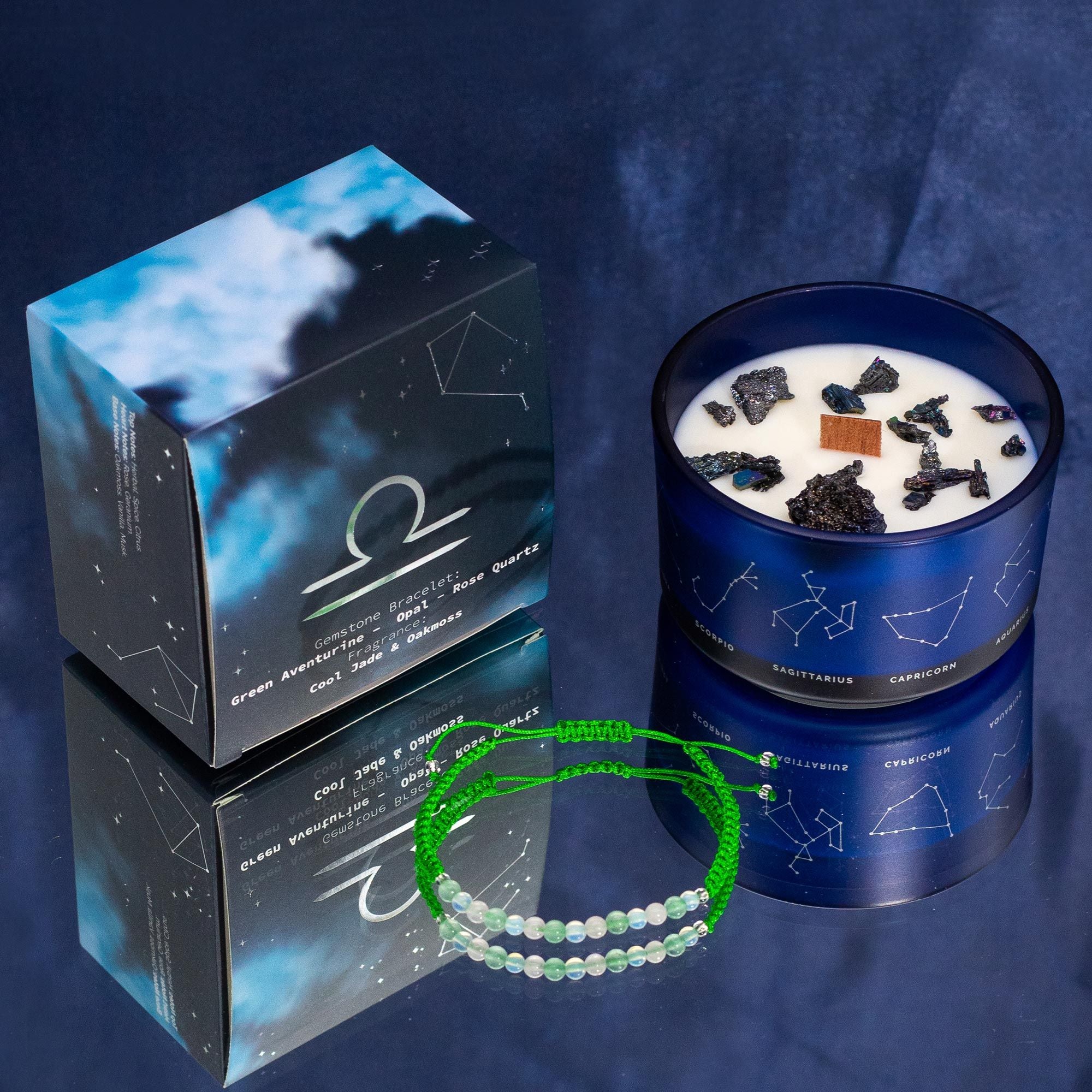 Coffret balance avec bougie parfumée aux cristaux et bracelet en pierres naturelles, cadeau astrologique bien-être