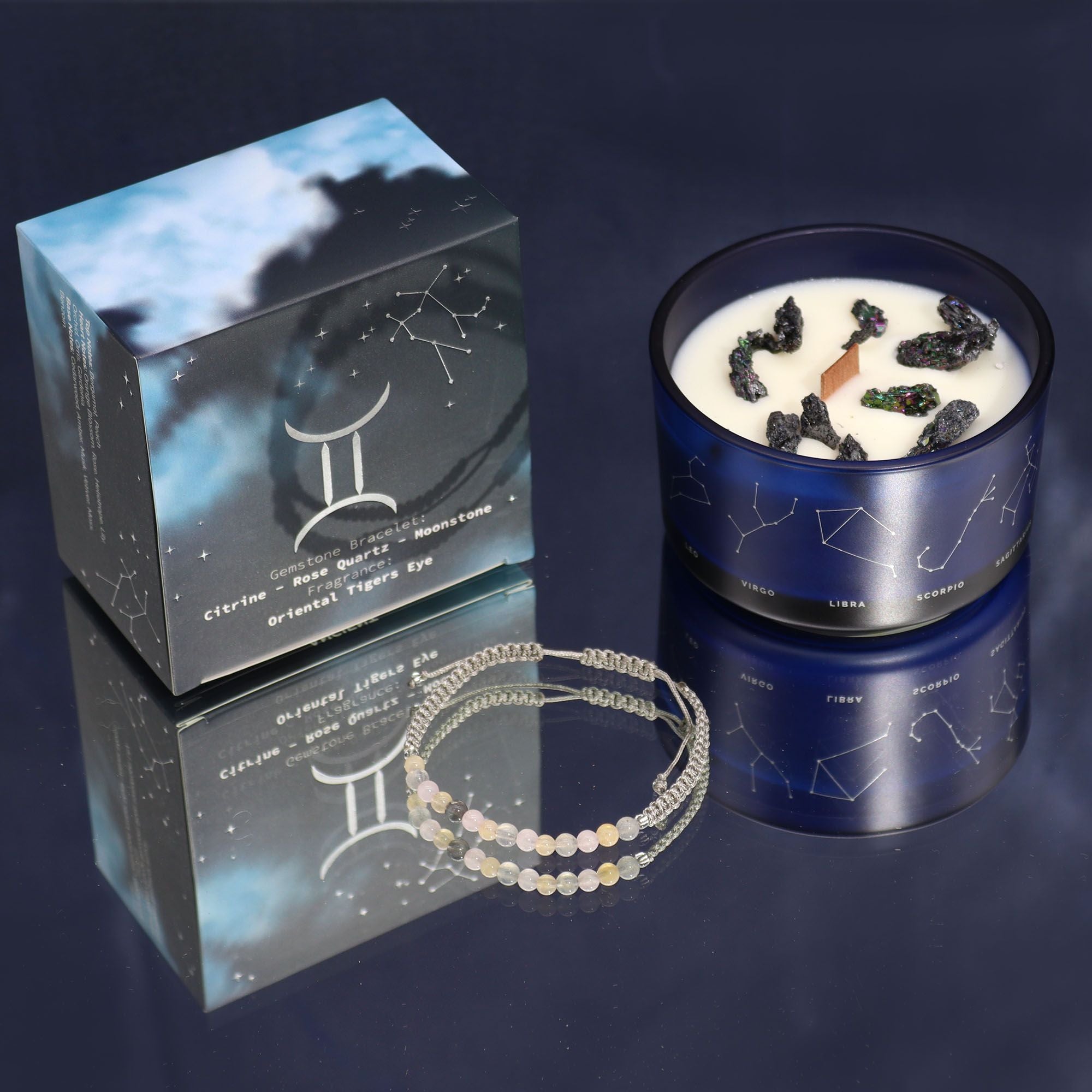 Coffret gémeaux avec bougie parfumée aux cristaux et bracelet en pierres naturelles, cadeau astrologique bien-être