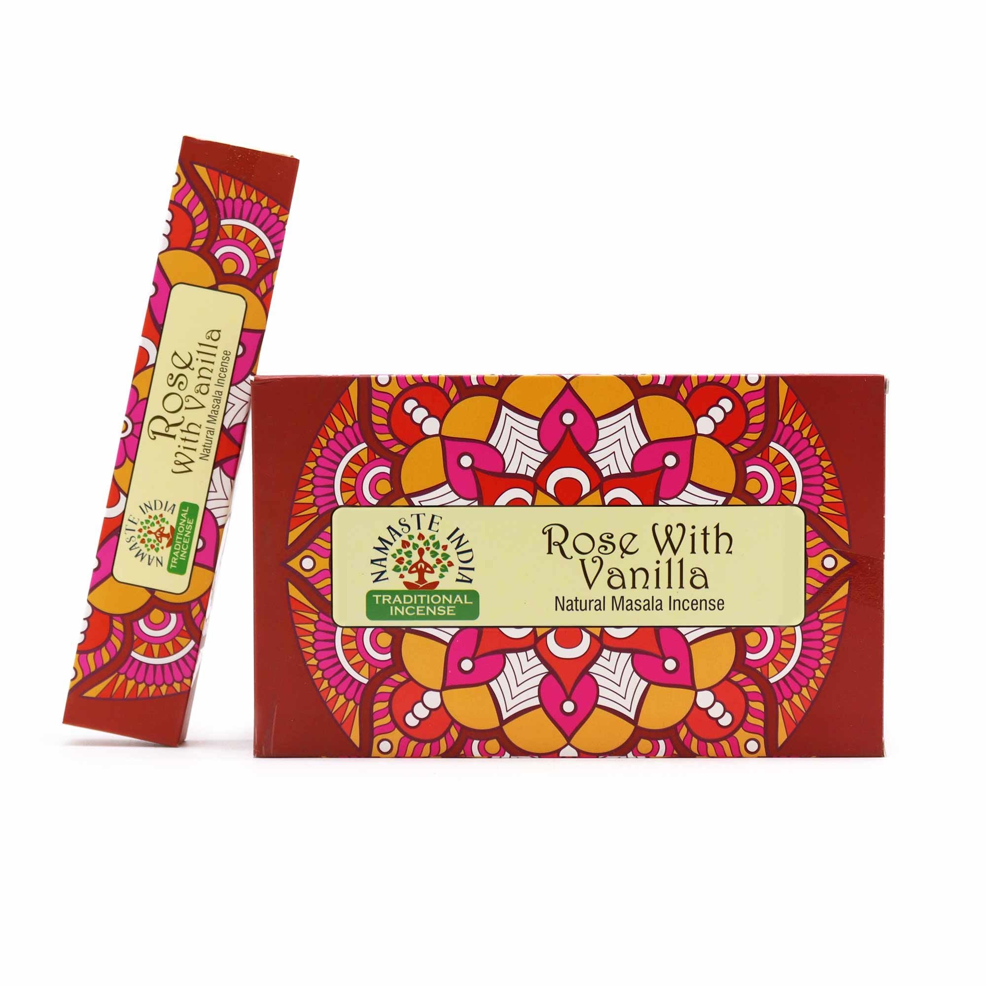 Boîte d’encens Namaste Mandala rose et vanille avec bâtonnets naturels, parfum apaisant pour relaxation et méditation