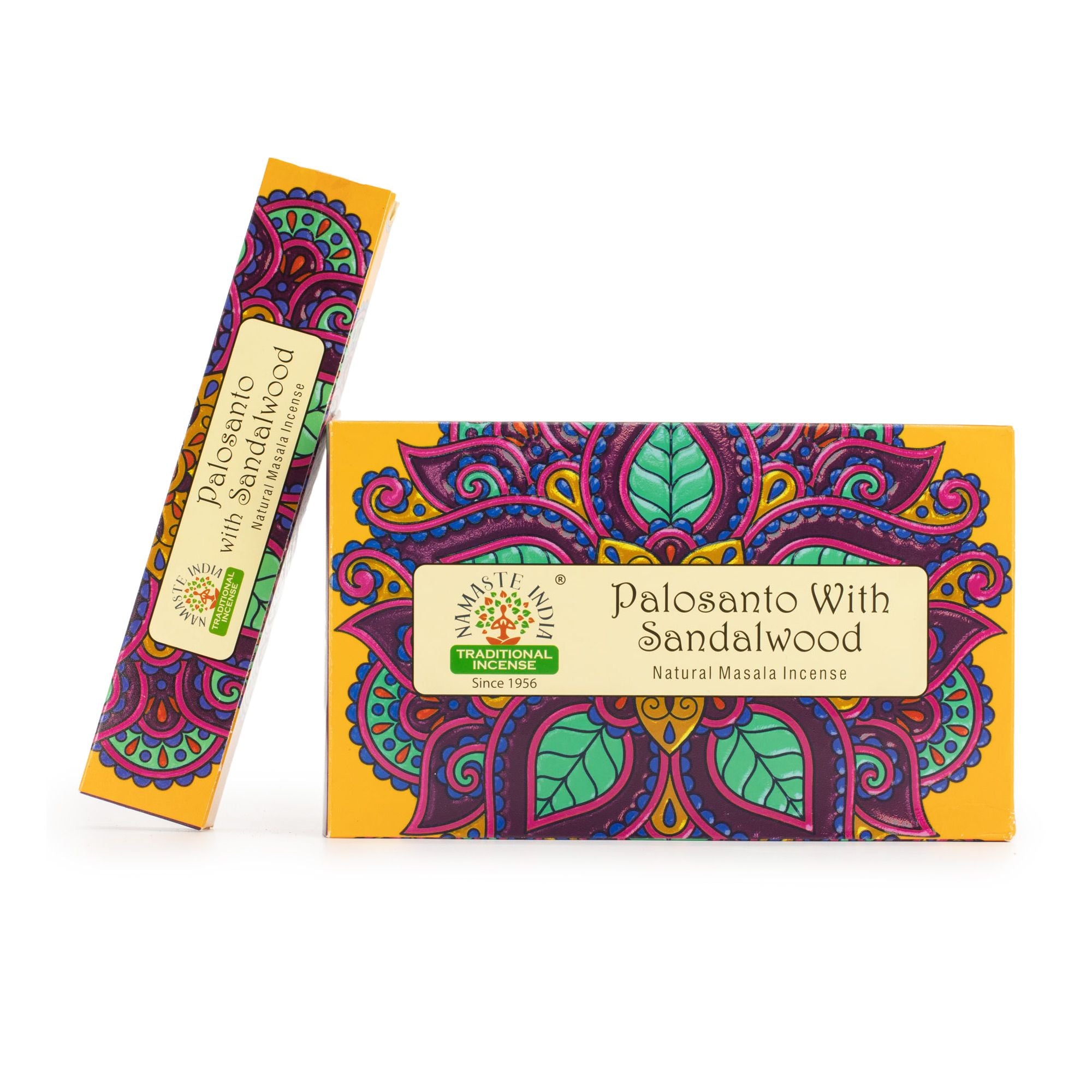 Boîte encens palo santo bois de santal Namaste Mandala avec étui coloré style mandala
