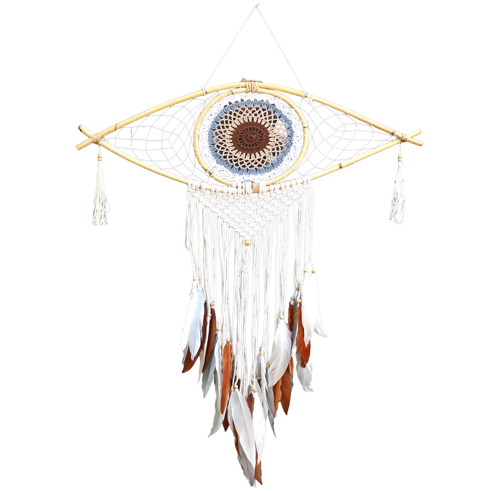 Protection Dream Catcher - Lrg Macrame Eye White/Grey/Brown