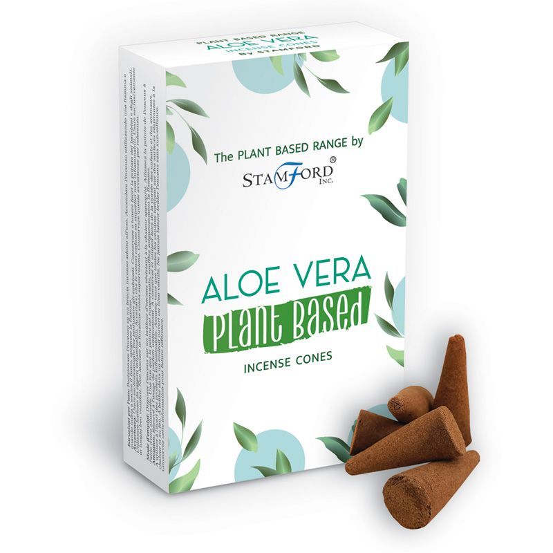 Boite de cones d encens classique naturels senteur aloe vera avec cones marron poses devant packaging blanc vegetal