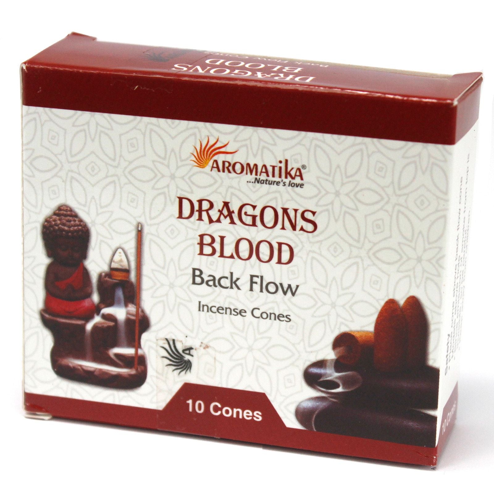 Boîte de cônes d’encens backflow Aromatika senteur sang de dragon avec packaging et illustration du brûleur