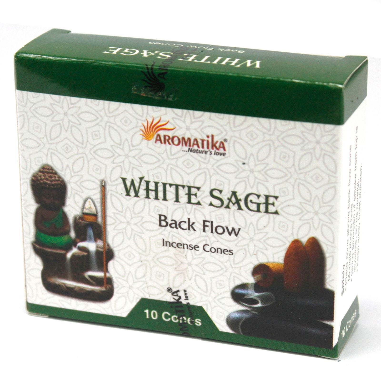 Boîte de cônes d’encens backflow Aromatika senteur sauge blanche avec packaging et illustration du brûleur