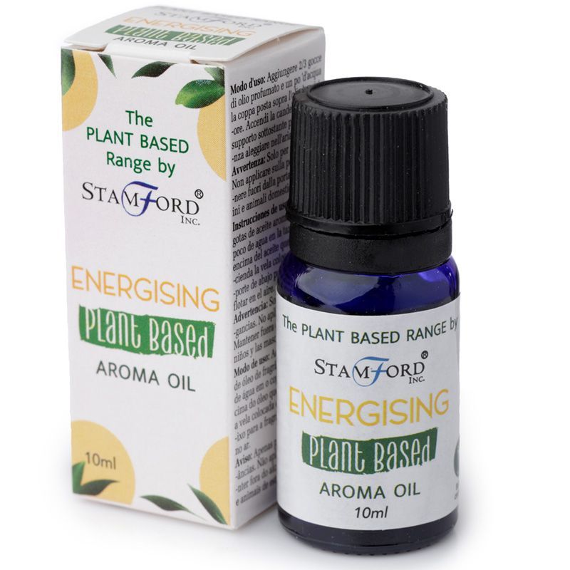 Flacon huile aromatique energisant avec son étui au design naturel, idéal pour diffusion et ambiance bien-être