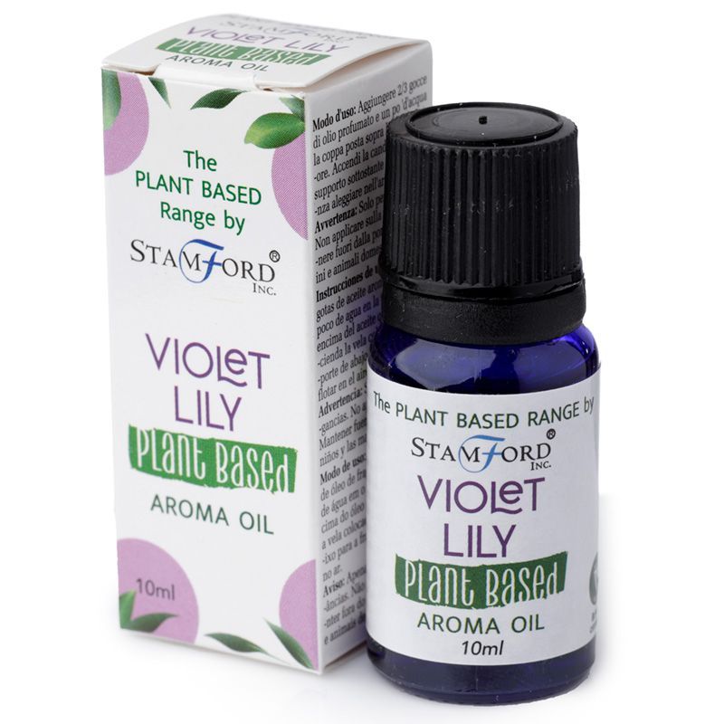 Flacon huile aromatique lys violet avec son étui au design naturel, idéal pour diffusion et ambiance bien-être