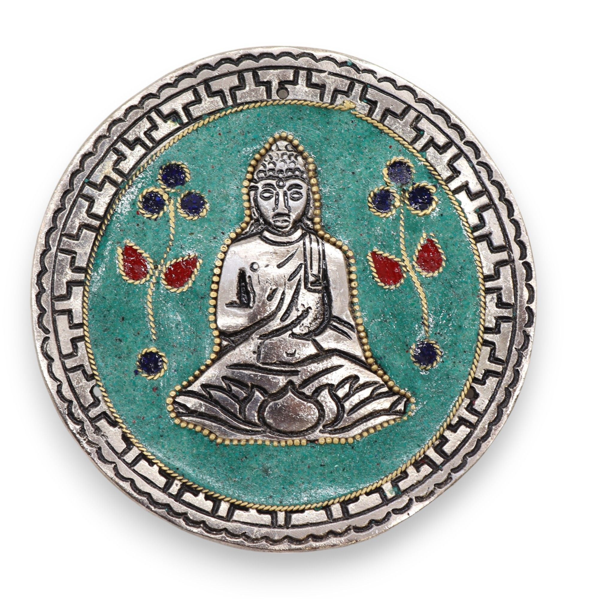 Porte-encens rond Bouddha vert en aluminium artisanal de 10 cm vu de face pour méditation