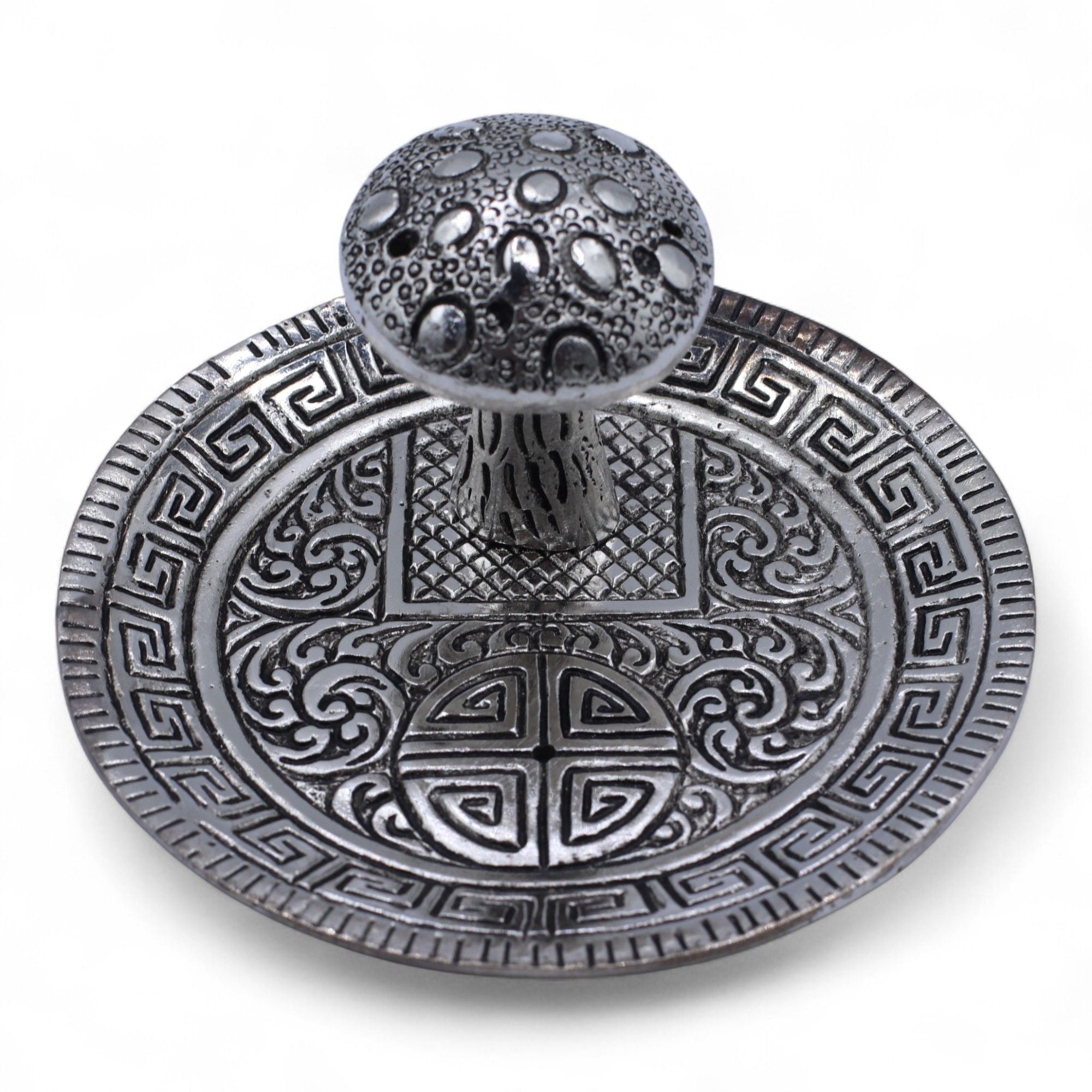 Porte-encens champignon argenté en aluminium 10 cm, support multi-encens idéal pour méditation, autel spirituel et décoration mystique.