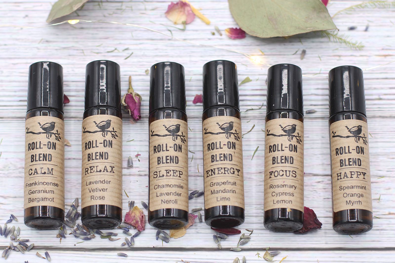 Collection de roll-on d'huiles essentielles 10ml pour romathérapie - Sommeil, Relax, Calme, Energie, Focus, Happy