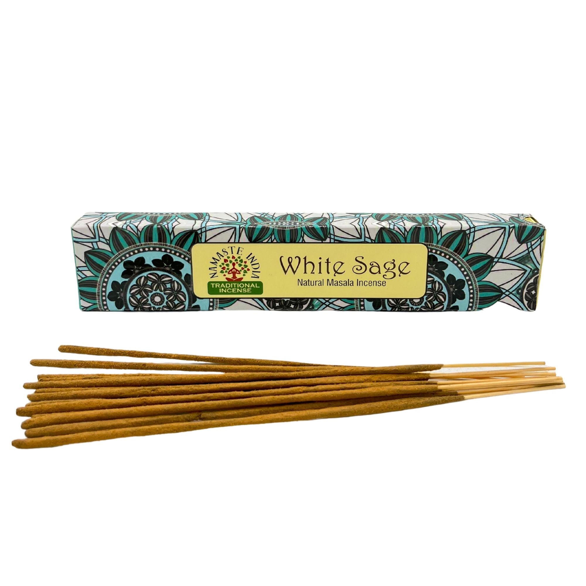 Bâtonnets d’encens naturels sauge blanche disposés devant boîte  sauge blanche parfum doux pour ambiance zen