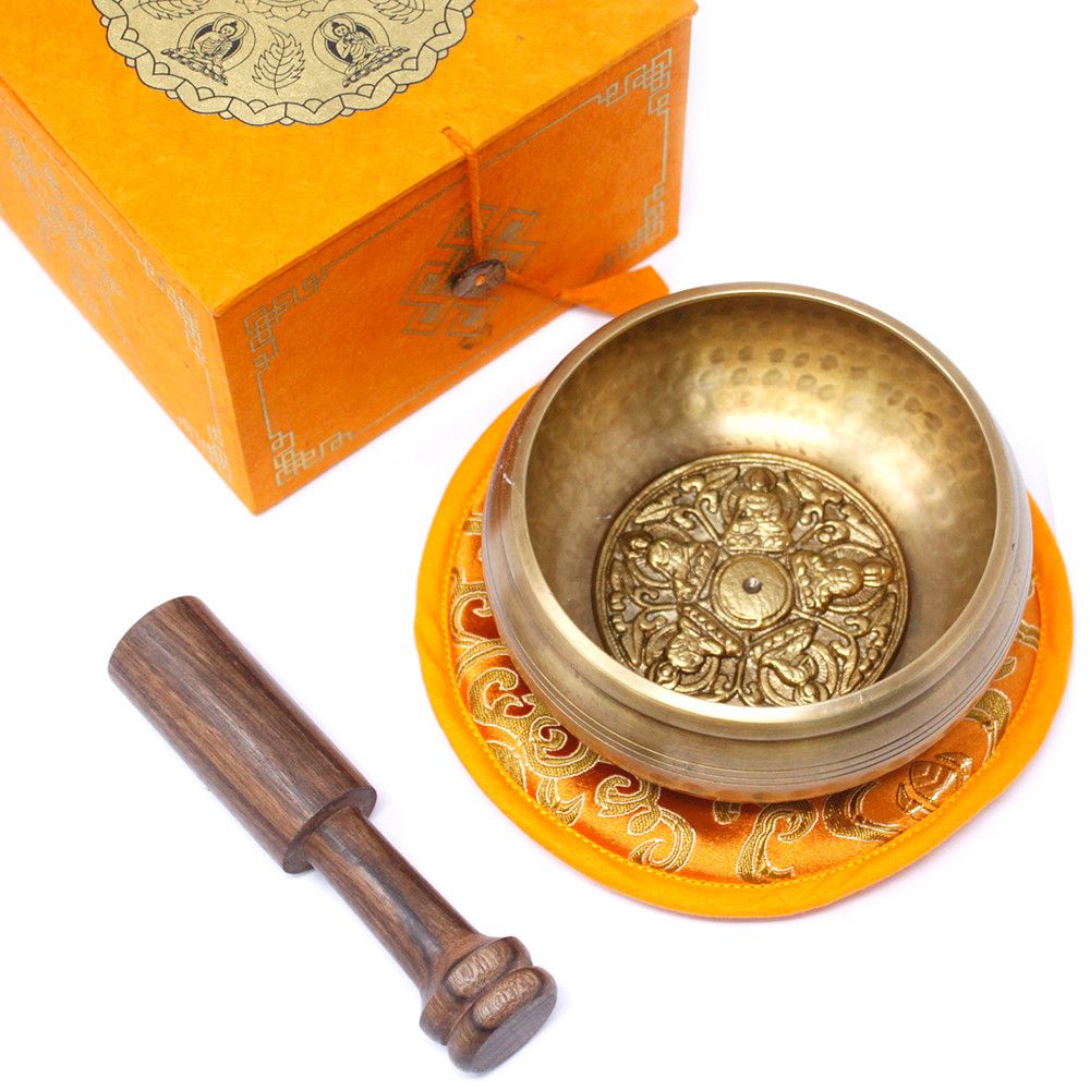 Bol chantant tibétain 5 bouddha avec maillet en bois, coussin et coffret orange, kit complet pour méditation et relaxation