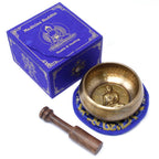 Bol chantant tibétain Bouddha avec coffret bleu fermé, coussin et maillet pour méditation