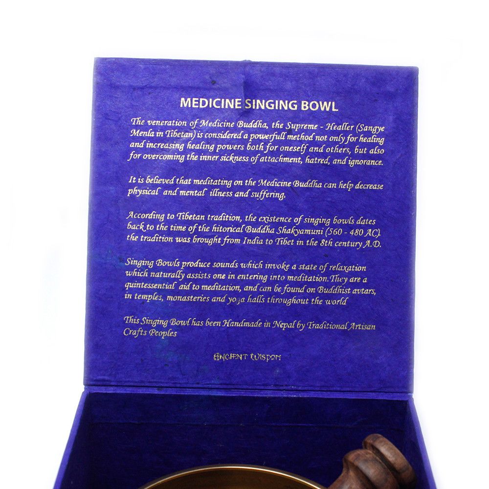 Kit bol chantant tibétain avec Bouddha medicine, maillet en bois et coussin bleu pour pratique zen