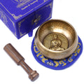 Bol chantant tibétain avec gravure Bouddha medicine, maillet en bois, coussin bleu et coffret de rangement