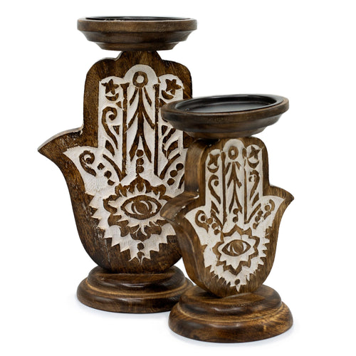 Bougeoirs hamsa en bois sculpté décoration spirituelle bohème