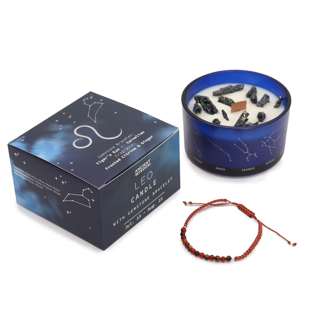 Bougie astrologique lion avec cristaux et bracelet en pierres naturelles présentés en coffret cadeau