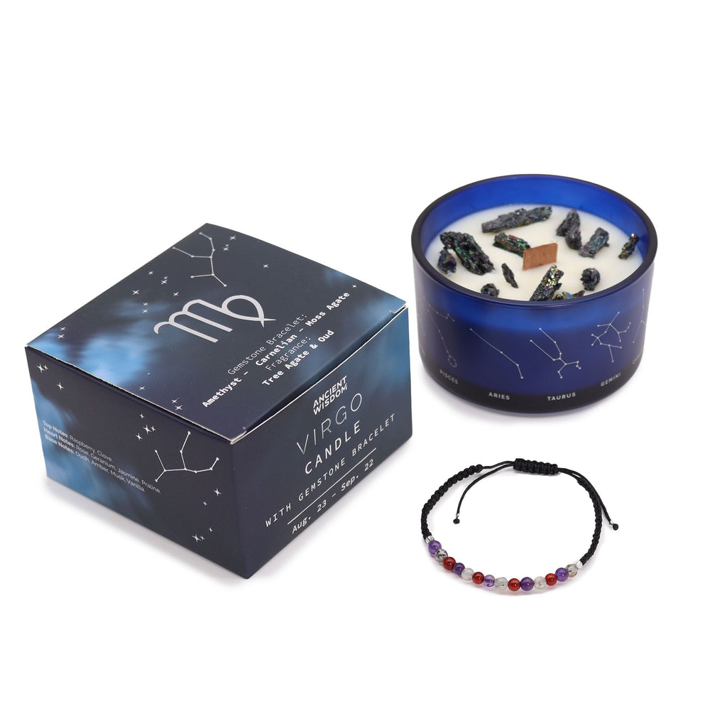 Bougie astrologique vierge avec cristaux et bracelet en pierres naturelles présentés en coffret cadeau
