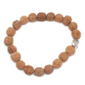 Bracelet mala en perles de rudraksha naturelles avec tête de Bouddha sur fond blanc