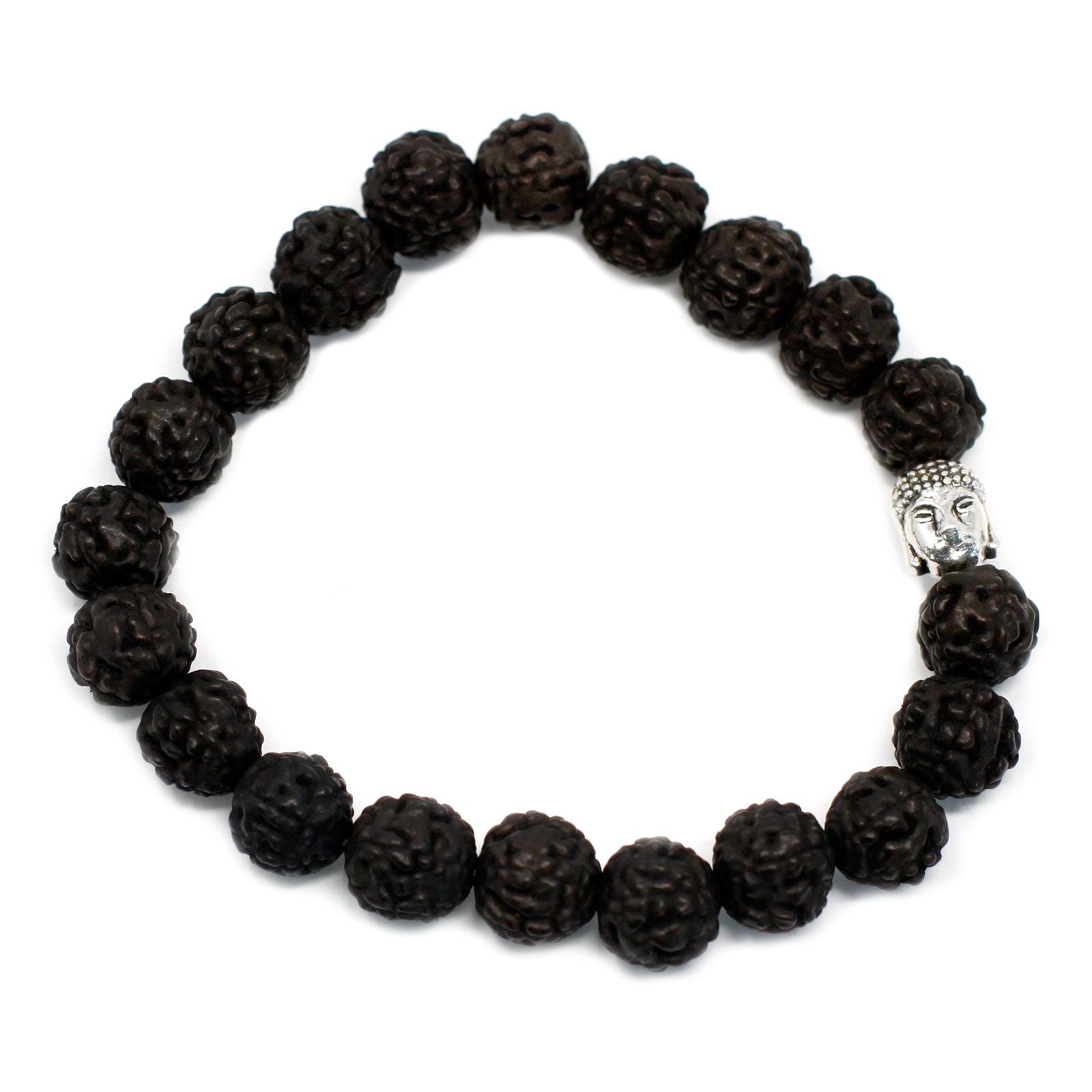 Bracelet mala en perles de rudraksha noir avec tête de Bouddha sur fond blanc