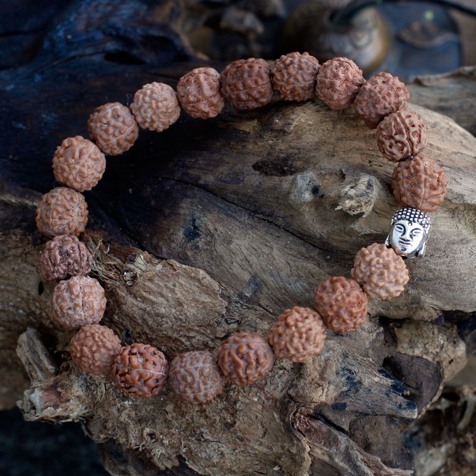 Bracelet en perles rudraksha avec tête de Bouddha posé sur bois ambiance méditation