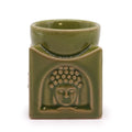 Brûleur d’huiles essentielles Bouddha carré jade clair  en céramique avec motif Bouddha sculpté, vue de face
