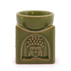 Brûleur d’huiles essentielles Bouddha carré jade clair  en céramique avec motif Bouddha sculpté, vue de face