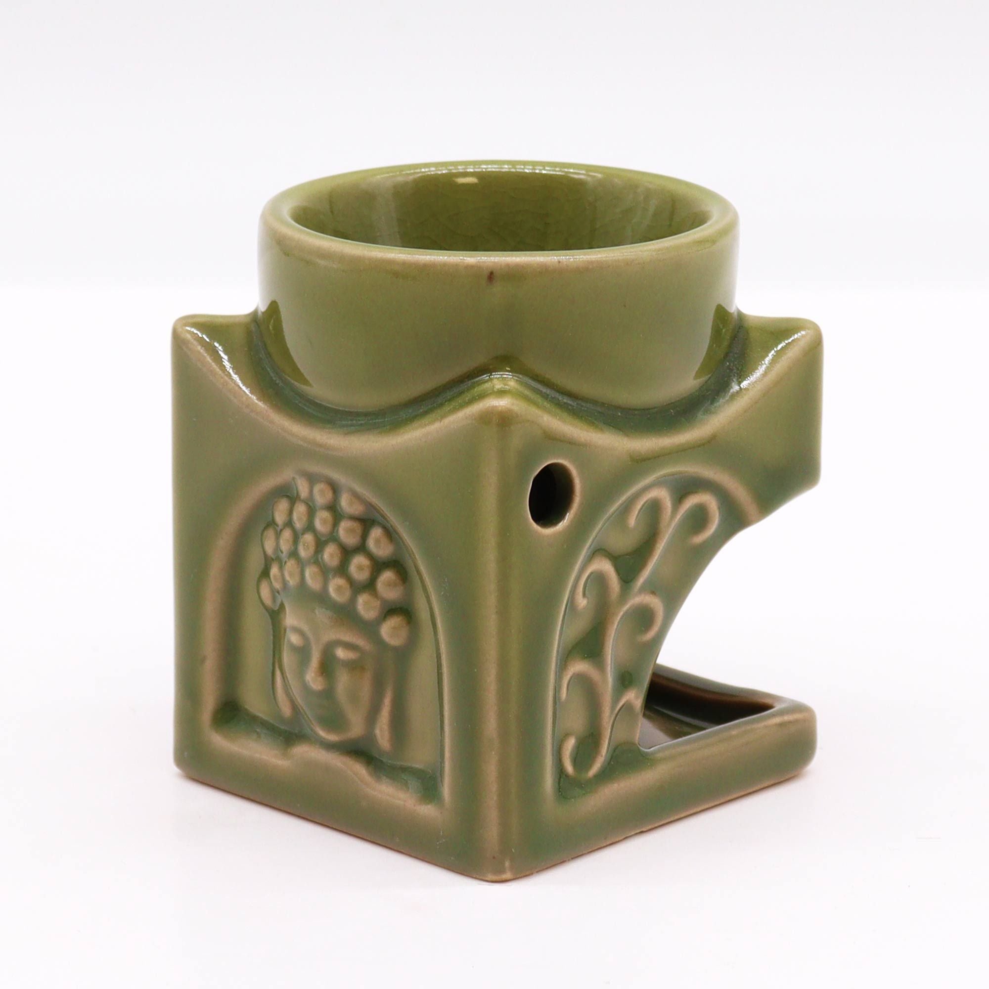 Vue de côté du brûleur Bouddha carré jade clair montrant la coupelle supérieure pour diffusion d’huiles essentielles