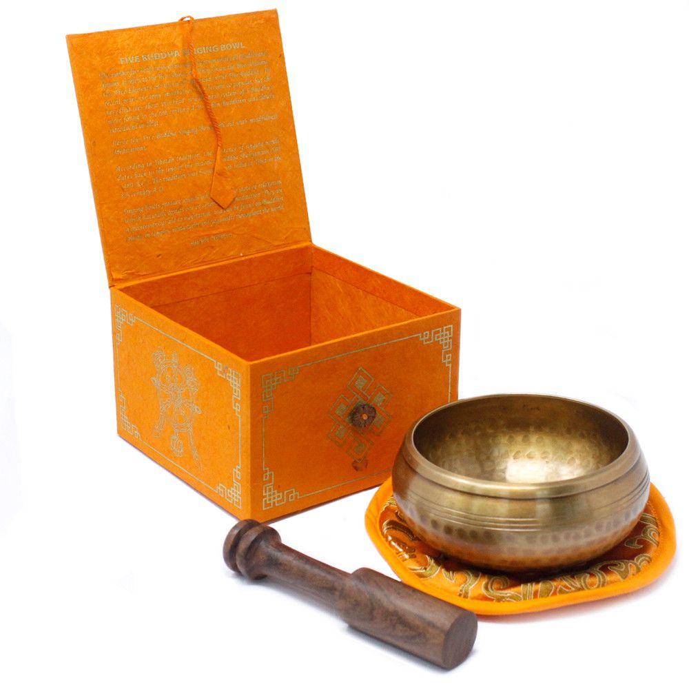 Coffret orange de bol chantant tibétain 5 bouddha ouvert, boîte de rangement artisanale pour accessoires de méditation