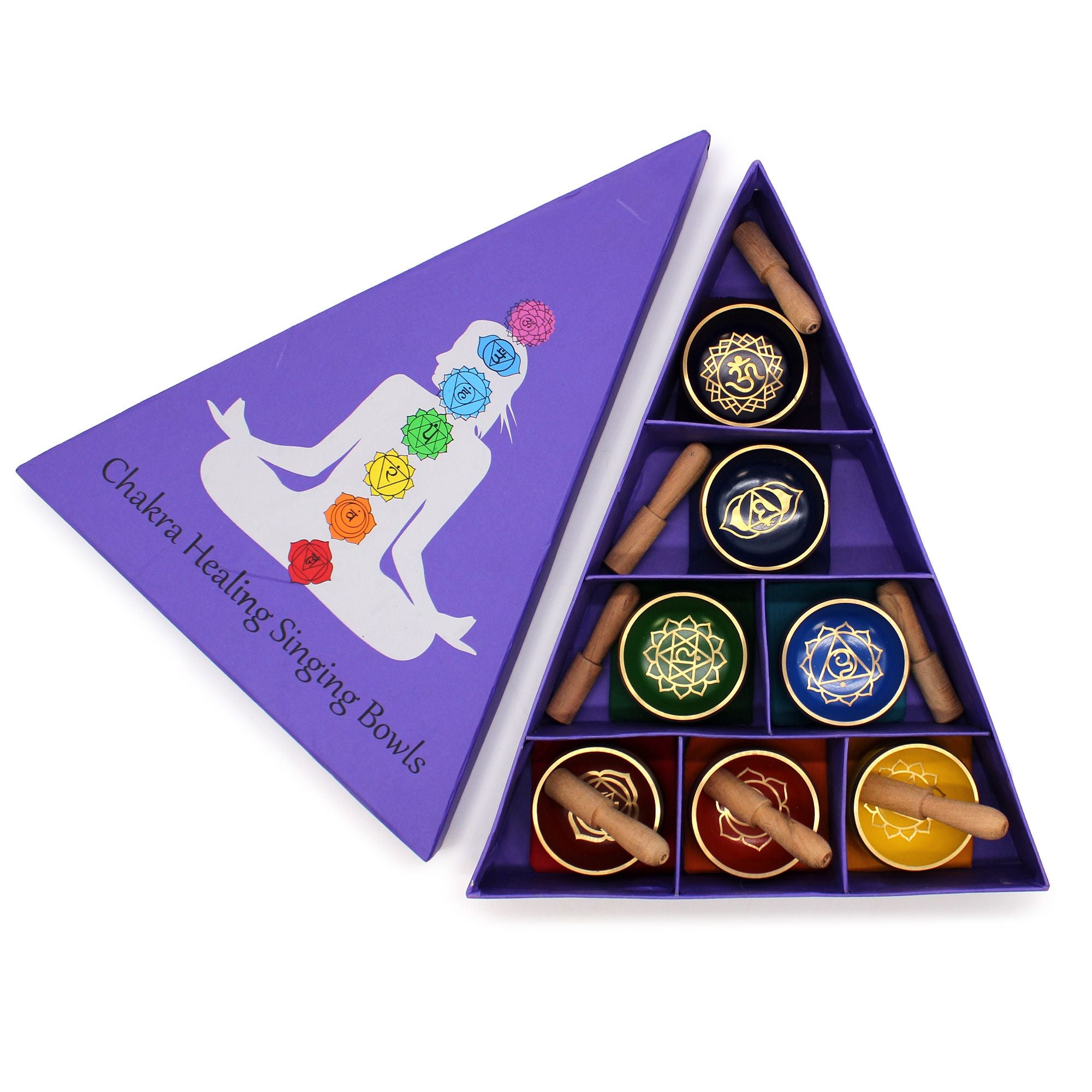 Coffret pyramide de bols chantants chakras avec 7 bols colorés et maillets en bois pour méditation et harmonisation des énergies