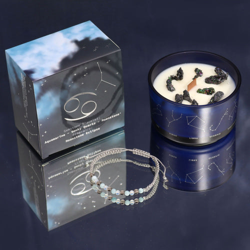 Coffret cancer avec bougie parfumée aux cristaux et bracelet en pierres naturelles, cadeau astrologique bien-être
