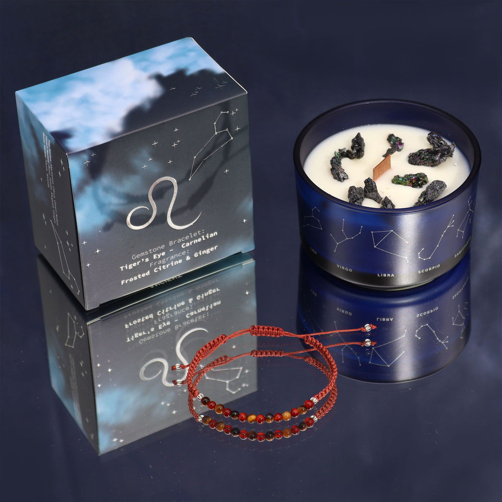 Coffret lion avec bougie parfumée aux cristaux et bracelet en pierres naturelles, cadeau astrologique bien-être