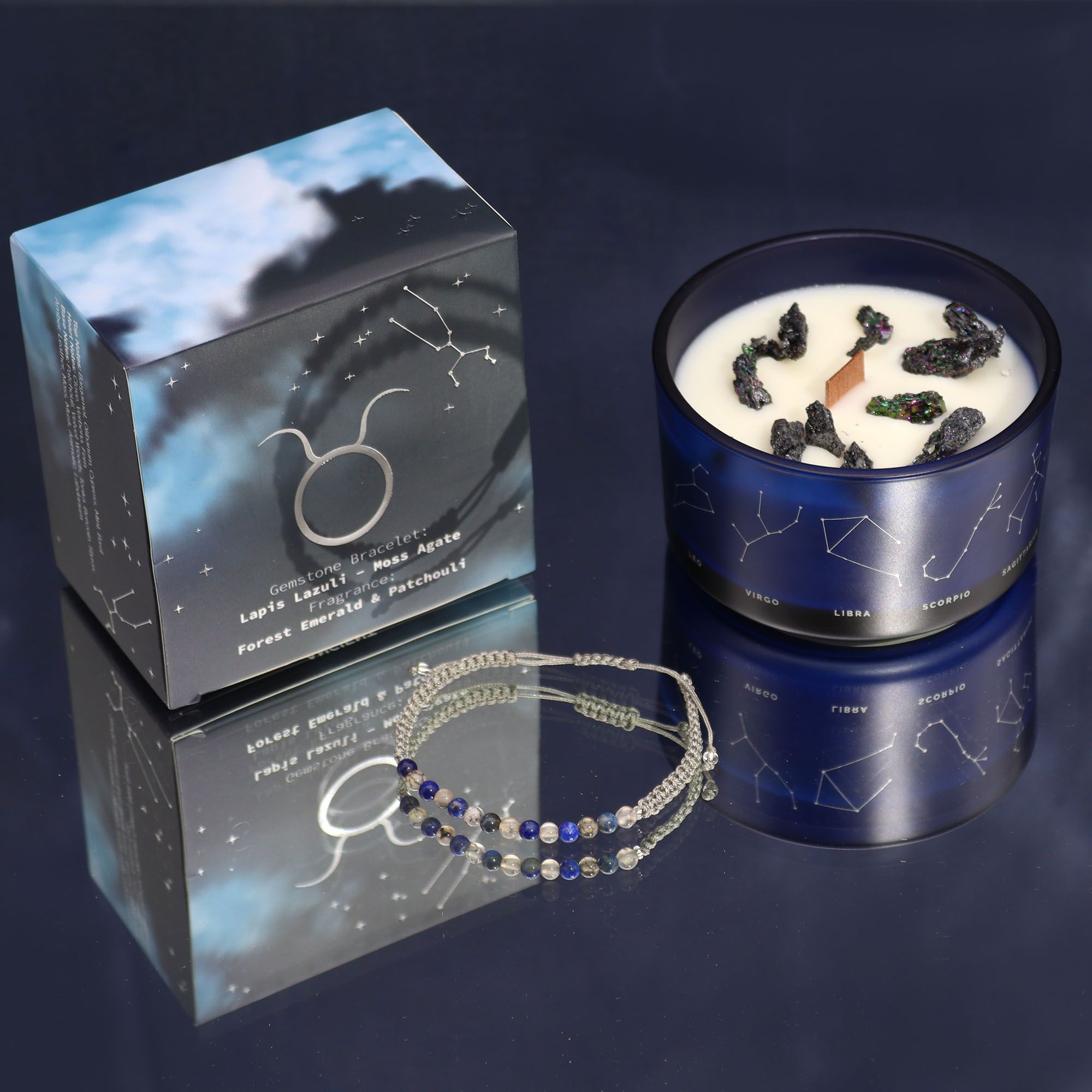 Coffret taureau avec bougie parfumée aux cristaux et bracelet en pierres naturelles, cadeau astrologique bien-être