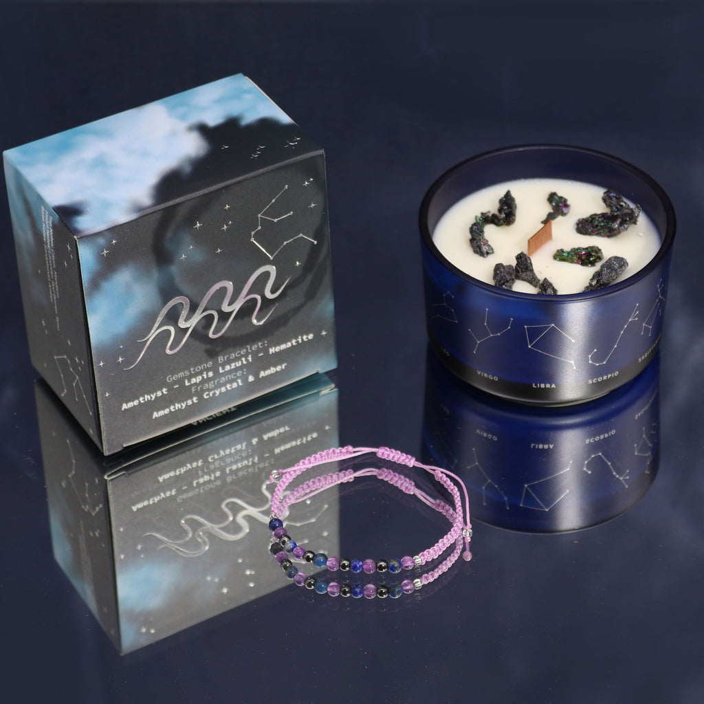 Coffret verseau avec bougie parfumée aux cristaux et bracelet en pierres naturelles, cadeau astrologique bien-être