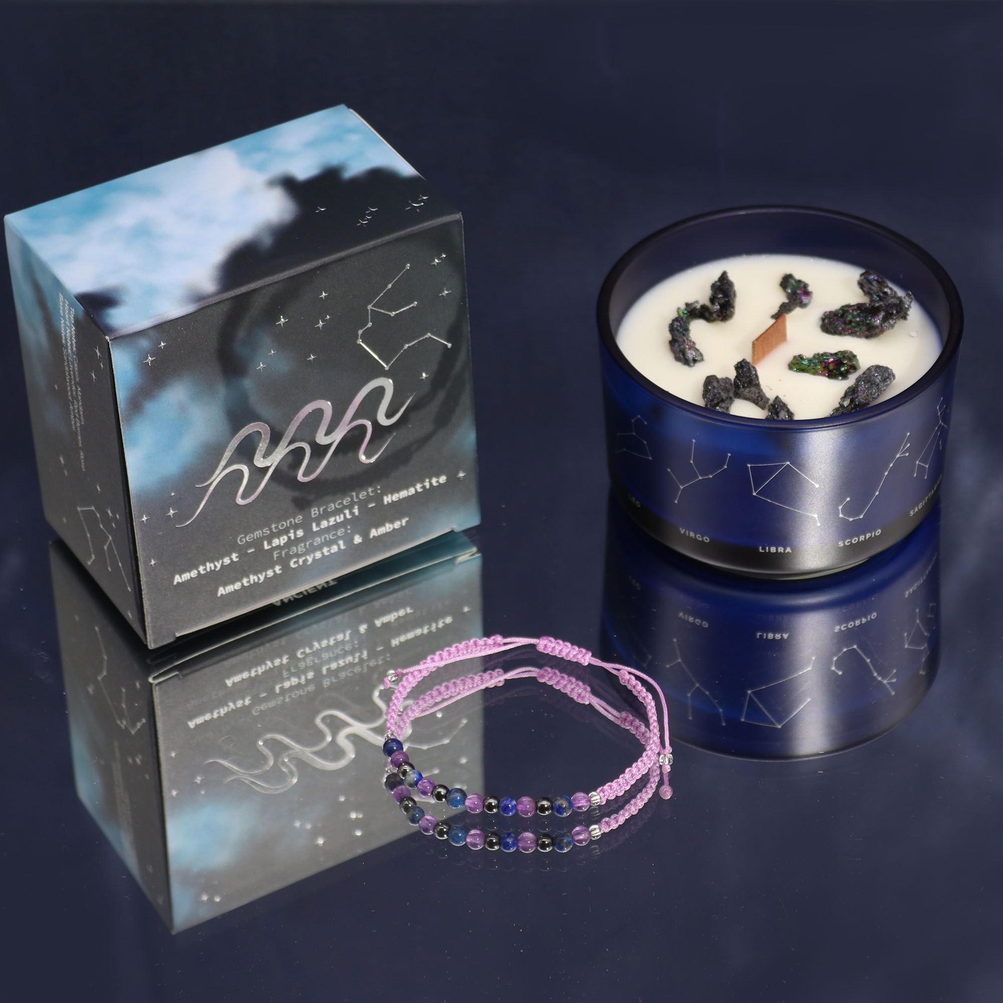 Coffret verseau avec bougie parfumée aux cristaux et bracelet en pierres naturelles, cadeau astrologique bien-être