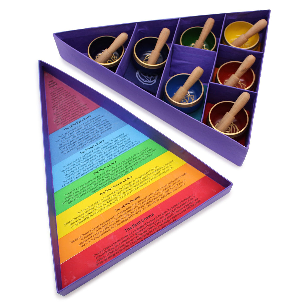 Coffret bols chantants chakras avec intérieur coloré expliquant les 7 centres énergétiques et leur signification