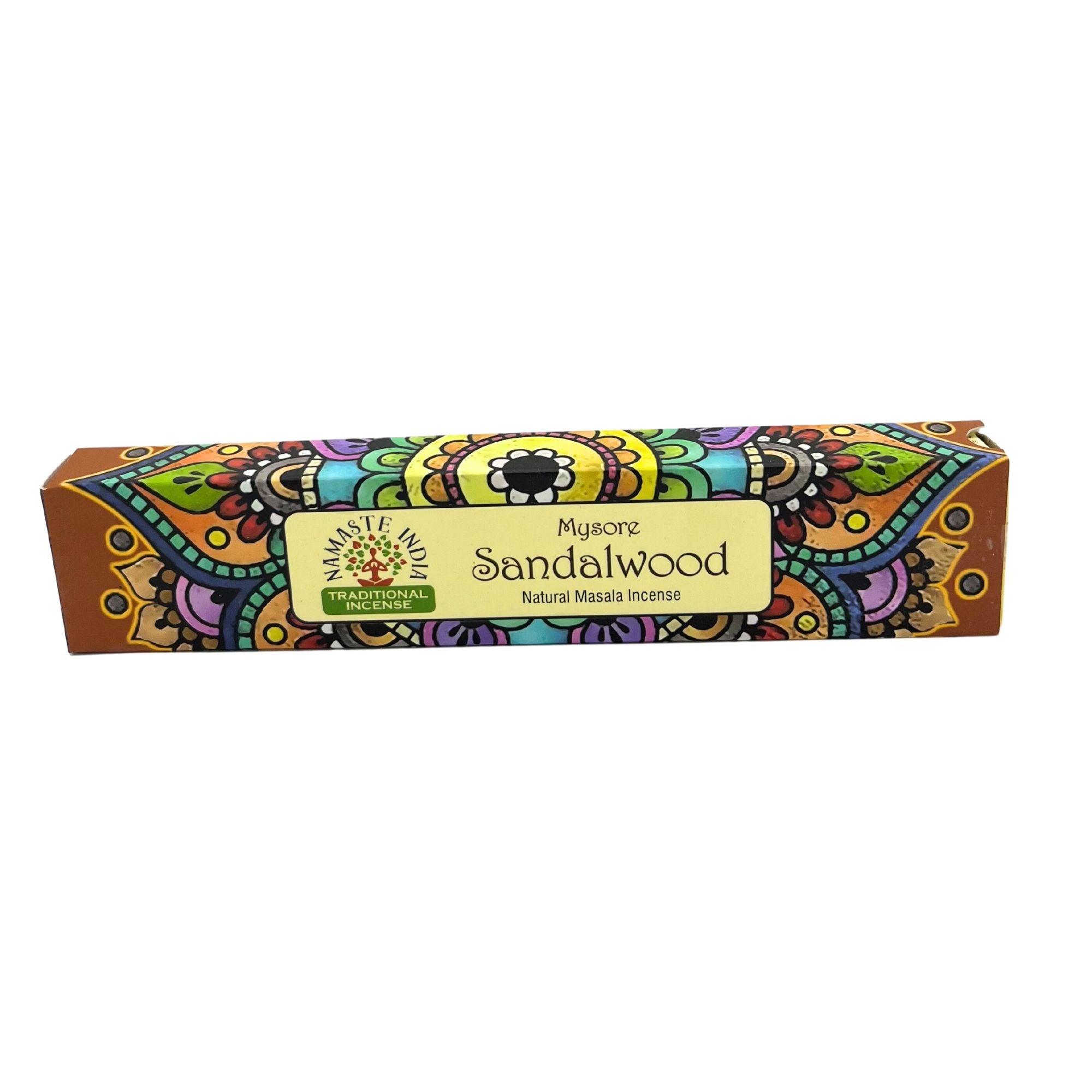 Détail boîte encens Namaste Mandala bois de santal avec motif mandala coloré et packaging artisanal
