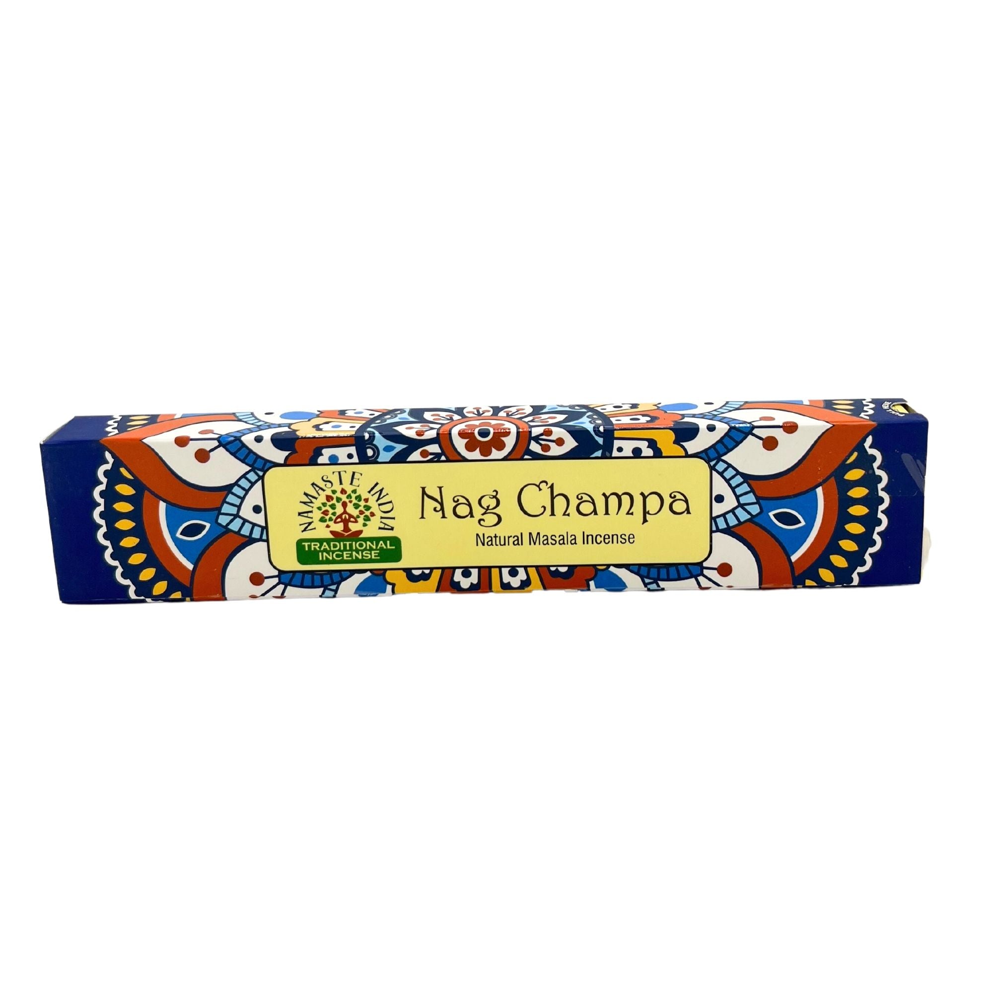 Détail boîte encens Namaste Mandala nag champa avec motif mandala coloré et packaging artisanal