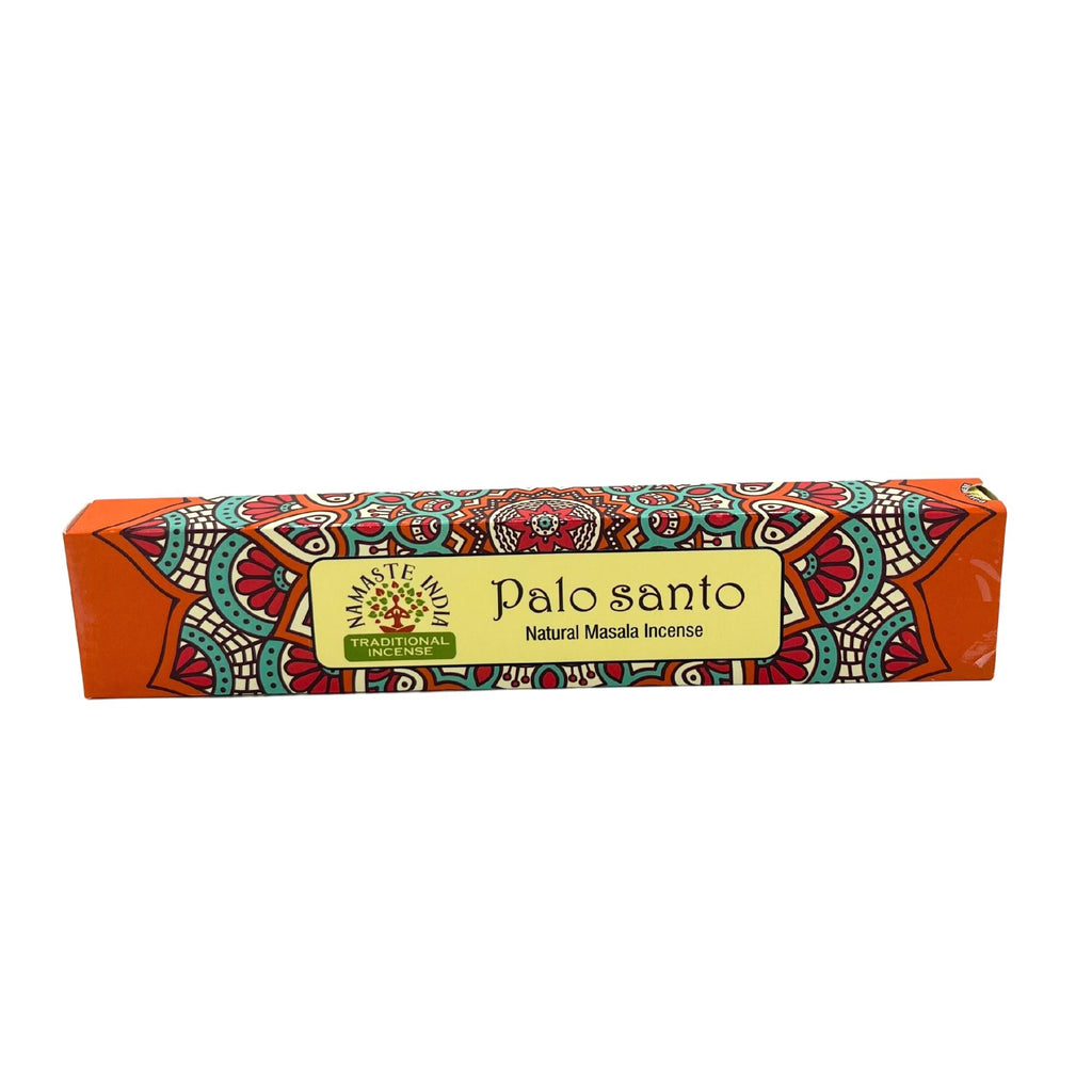Détail boîte encens Namaste Mandala palo santo avec motif mandala coloré et packaging artisanal