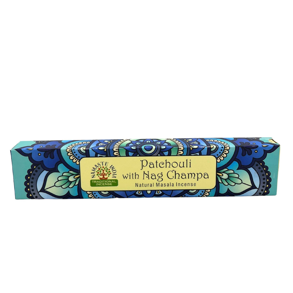Détail boîte encens Namaste Mandala patchouli et nag champa avec motif mandala coloré et packaging artisanal