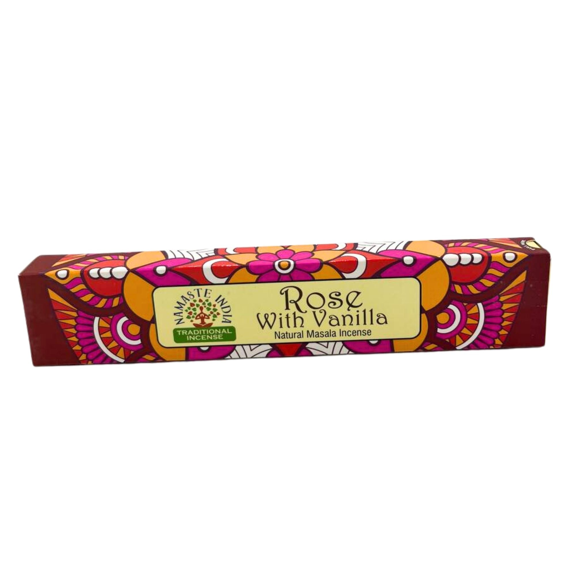 Détail boîte encens Namaste Mandala rose et vanille avec motif mandala coloré et packaging artisanal