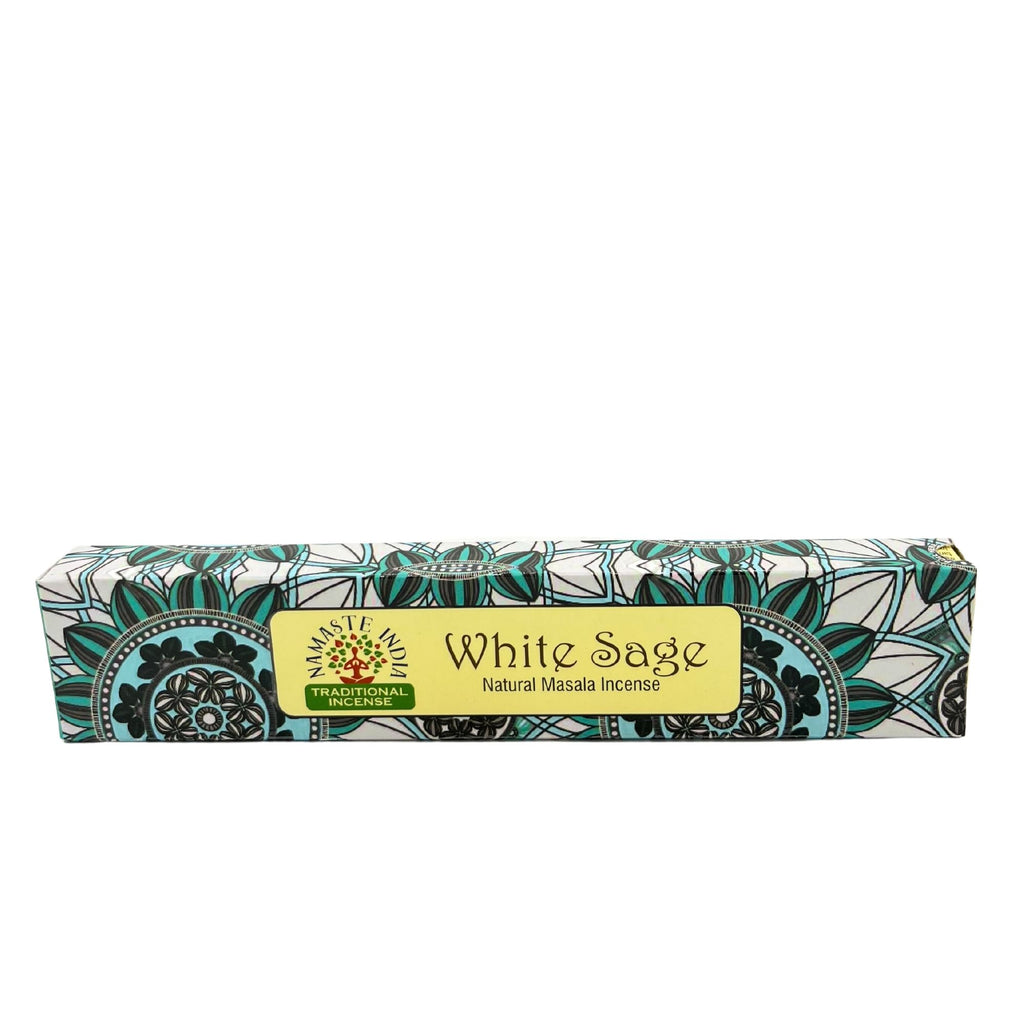 Détail boîte encens Namaste Mandala sauge blanche avec motif mandala coloré et packaging artisanal