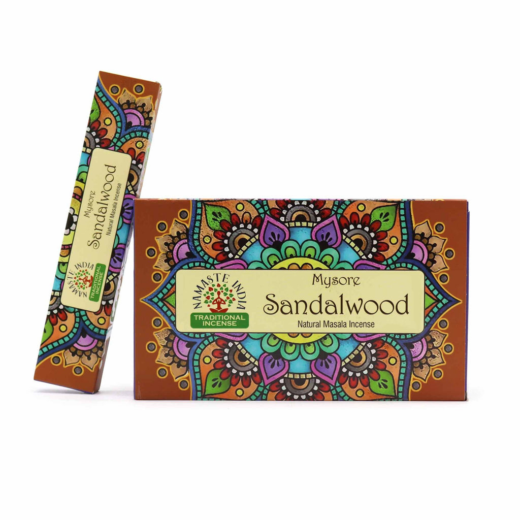 Boîte d’encens Namaste Mandala bois de santal avec bâtonnets naturels, parfum apaisant pour relaxation et méditation