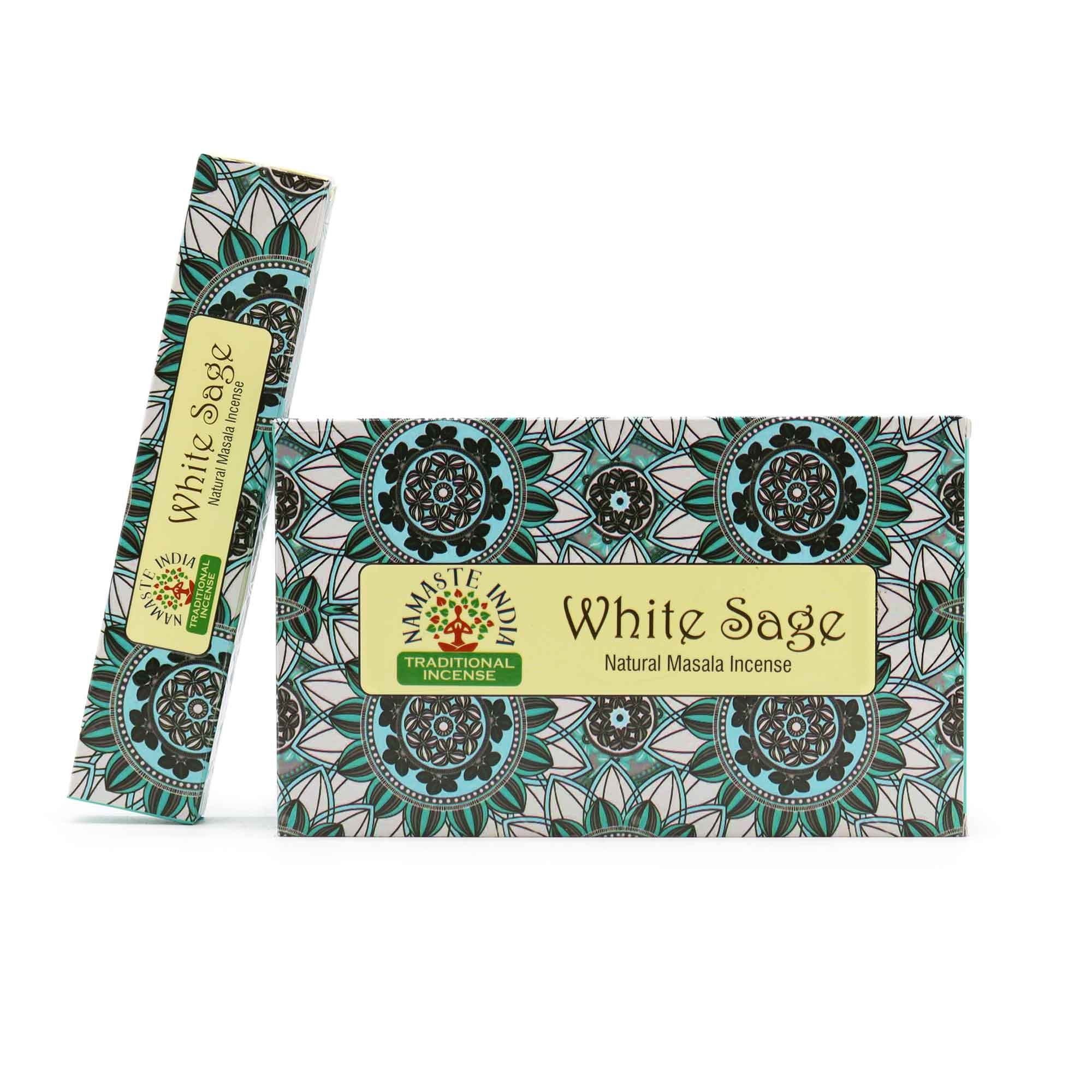 Boîte d’encens Namaste Mandala sauge blanche avec bâtonnets naturels, parfum apaisant pour relaxation et méditation