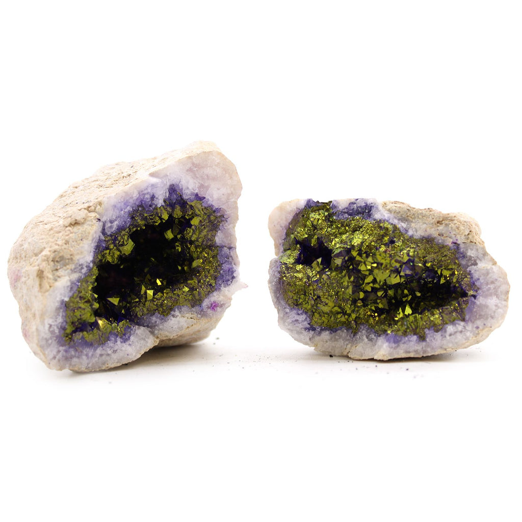 géode calcite violet or pierre naturelle ouverte cristaux décoration