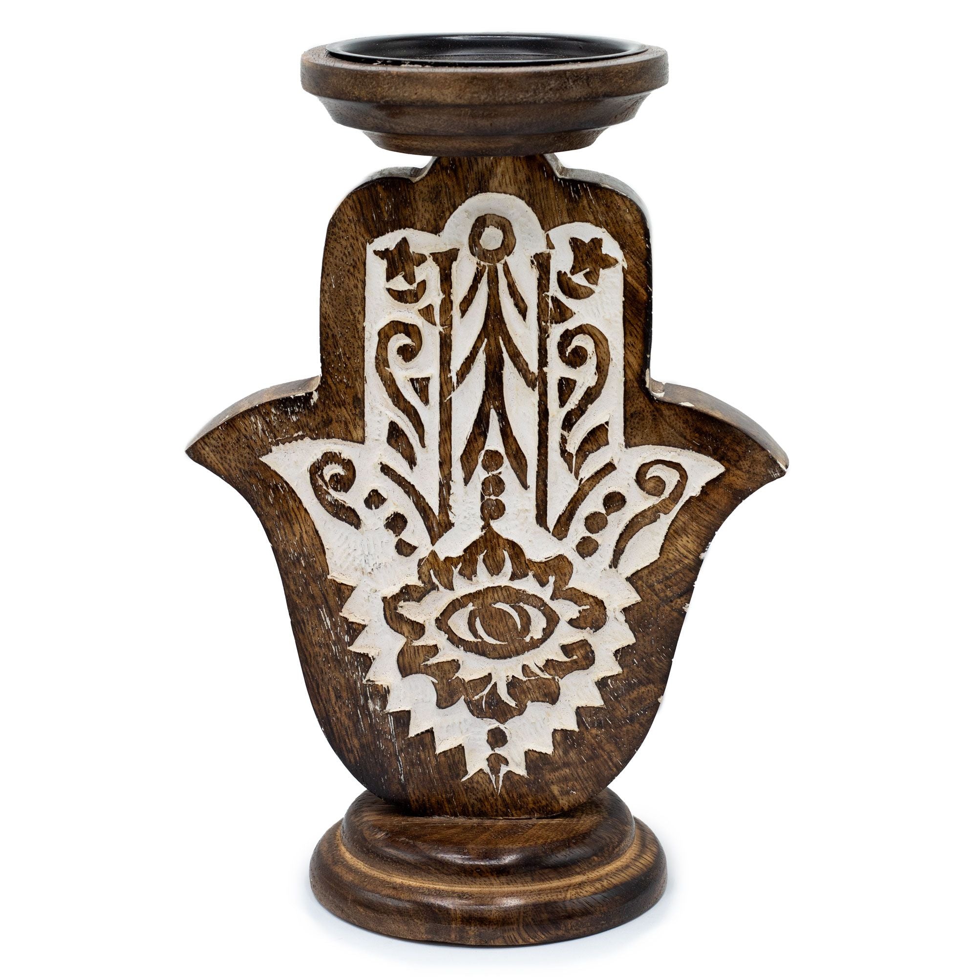 Bougeoir main de Fatma en bois de manguier 25x18 cm symbole protection spirituelle