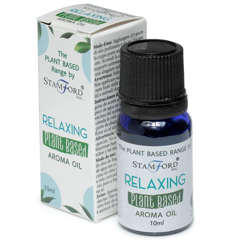 Flacon huile aromatique relaxante avec son étui au design naturel, idéal pour diffusion et ambiance bien-être