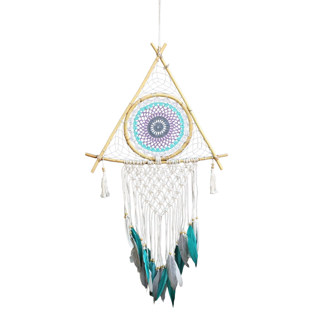 Protection Dream Catcher - Lrg Macrame Pyramid White/Turquoise
