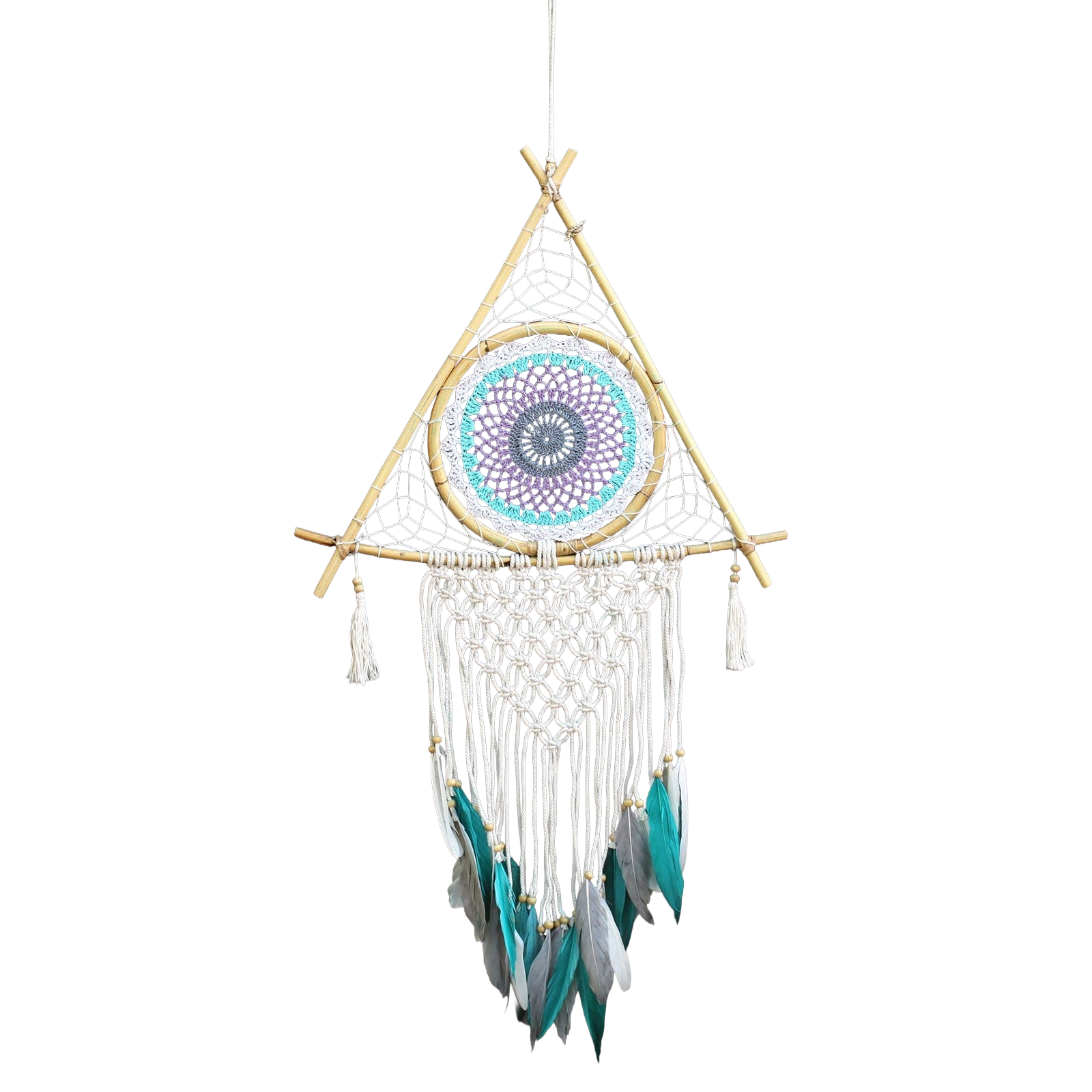 Protection Dream Catcher - Lrg Macrame Pyramid White/Turquoise