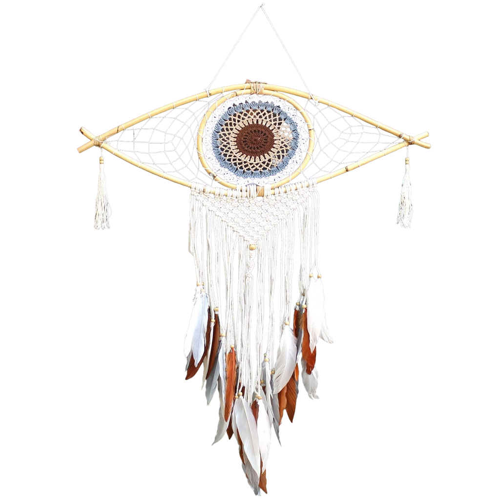 Protection Dream Catcher - Lrg Macrame Eye White/Grey/Brown