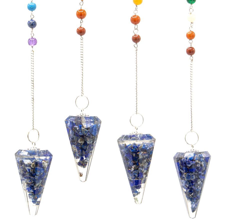 Pendules orgonite lapis lazuli avec chaîne chakra multicolore pour radiesthésie et équilibre énergétique